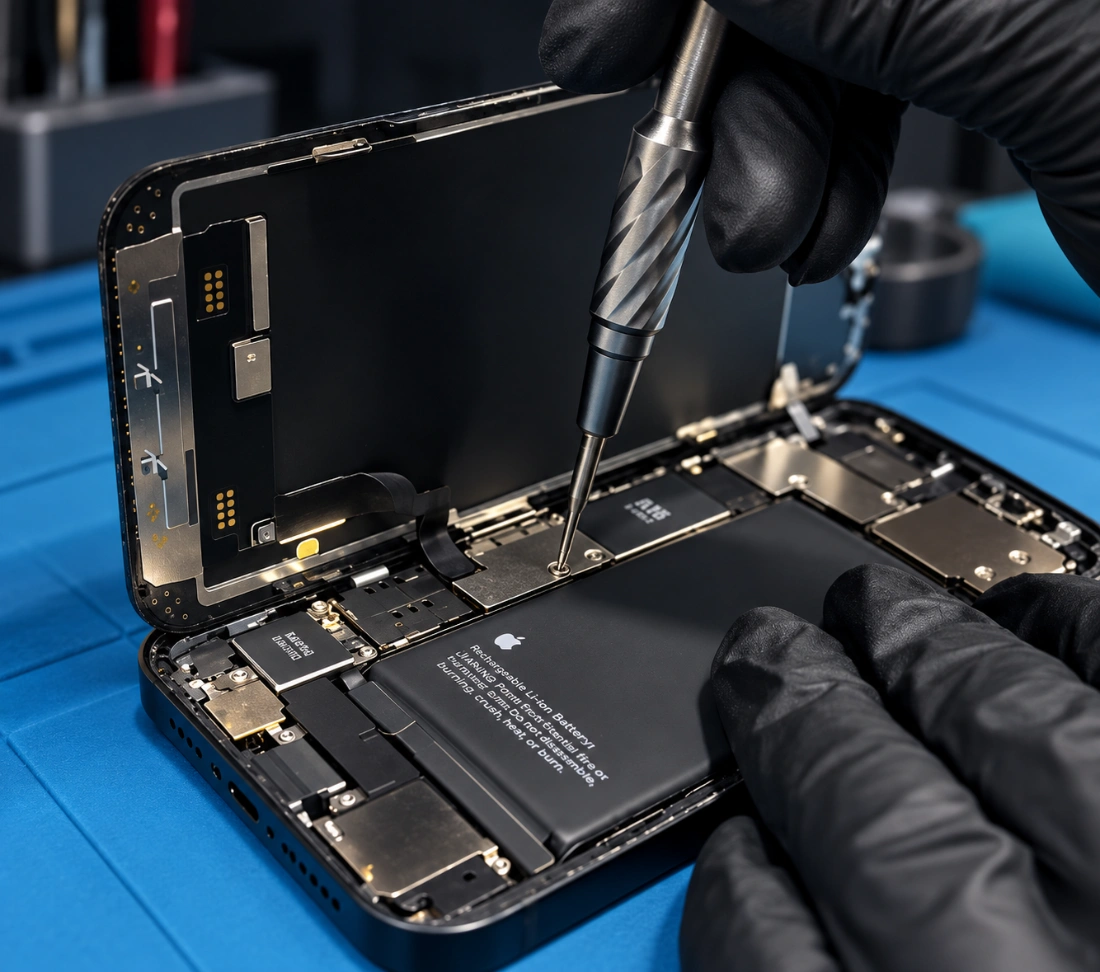 Técnico de Revivere cambiando la batería de un iPhone en el taller