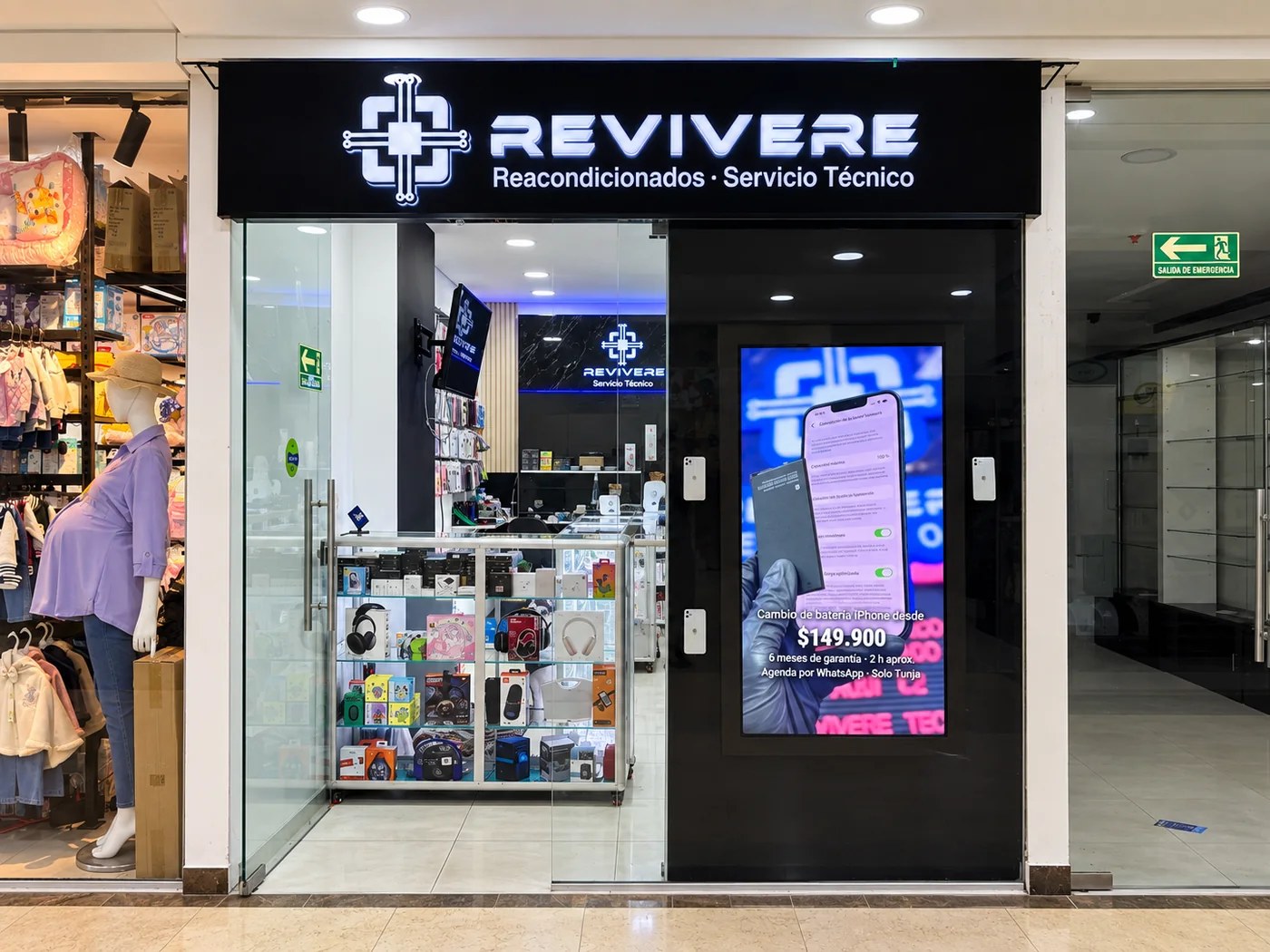 Fachada del local de Revivere Tech Store en Fontana Real, Tunja